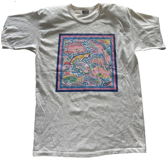 Ken Done Art to Wear T-Shirt Large White Unisex Adult Fish Tropical Shoulder Pad - Picture 1 of 7